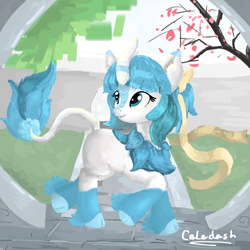 Size: 1000x1000 | Tagged: safe, artist:celedash, imported from derpibooru, kirin, pony, chinese, flower, garden, smiling, sunny day, 灵樨