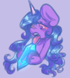 Size: 603x670 | Tagged: safe, artist:kreeeeeez, imported from derpibooru, izzy moonbow, pony, unicorn, bloodshot eyes, colored hooves, colored horn, crystal, female, g5, hoof hold, horn, implied crystal meth, licking, mare, purple background, reddit, simple background, solo, tongue out, unshorn fetlocks