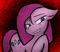 Size: 753x649 | Tagged: safe, artist:zutcha, imported from derpibooru, pinkie pie, earth pony, pony, abstract background, female, no catchlights, open mouth, open smile, pinkamena diane pie, raised leg, smiling, smirk, solo