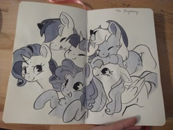 Size: 4000x3000 | Tagged: safe, artist:cutepencilcase, imported from derpibooru, applejack, fluttershy, pinkie pie, rainbow dash, rarity, twilight sparkle, earth pony, pegasus, pony, unicorn, friendship is magic, female, hug, mane six, mare, scene interpretation, snuggling, traditional art