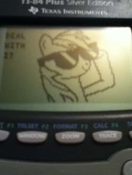 Size: 640x853 | Tagged: safe, artist:herrlupfa, imported from derpibooru, rainbow dash, lesson zero, 2012, bust, calculator, deal with it, female, graphing calculator, irl, mare, photo, pixel art, portrait, reddit, solo, sunglasses, texas instruments