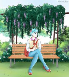 Size: 1616x1794 | Tagged: safe, artist:vinilyart, imported from derpibooru, coco pommel, human, equestria girls, bench, clothes, equestria girls-ified, flower, grass, looking at each other, looking at someone, shoes, sitting, solo, stockings, thigh highs