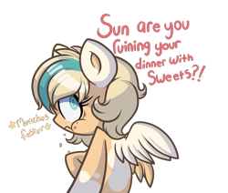 Size: 2288x1942 | Tagged: safe, artist:starlightlore, imported from derpibooru, oc, oc only, oc:sun light, pegasus, pony, chubby cheeks, dialogue, eating, female, guilty, looking back, offscreen character, pegasus oc, raised hoof, simple background, solo focus, talking, transparent background