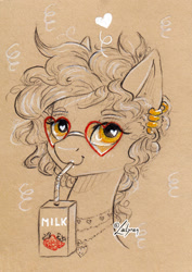 Size: 1024x1444 | Tagged: safe, artist:lailyren, imported from derpibooru, oc, oc only, oc:curly fries, pony, bendy straw, bust, commissioner:hatatitla9, drinking straw, ear piercing, earring, female, floating heart, glasses, heart, heart eyes, heart shaped glasses, jewelry, juice, juice box, looking at you, mare, milk box, partial color, piercing, portrait, sipping, smiling, smiling at you, solo, strawberry milk, traditional art, wingding eyes, yellow eyes