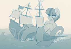 Size: 3999x2748 | Tagged: safe, artist:czu, imported from derpibooru, oc, oc only, oc:lemon drop, monster pony, octopony, original species, pony, boat, horizontal pupils, macro, monochrome, onomatopoeia, ship, sketch, tentacles