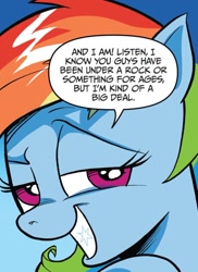 Size: 746x1027 | Tagged: safe, artist:andypriceart, idw, imported from derpibooru, rainbow dash, pegasus, pony, spoiler:comicannual2017, spoiler:guardians of harmony, bust, dialogue, faic, female, g4, grin, mare, portrait, smiling, smug, smugdash, solo, speech bubble