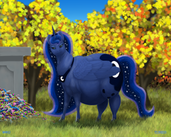 Size: 1500x1200 | Tagged: safe, artist:soobel, imported from derpibooru, princess luna, alicorn, pony, autumn, belly, big belly, candies, ethereal mane, fat, female, mare, mlp fim's twelfth anniversary, nightmare night, obese, princess moonpig, smiling, solo, starry mane, starry tail, tail