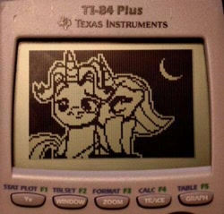 Size: 500x478 | Tagged: safe, artist:herrlupfa, imported from derpibooru, fancypants, fleur-de-lis, unicorn, sweet and elite, calculator, clothes, fancyfleur, female, graphing calculator, irl, male, mare, moon, night, photo, pixel art, reddit, shipping, stallion, straight, texas instruments