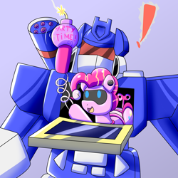 Size: 2000x2000 | Tagged: safe, artist:trackheadtherobopony, imported from derpibooru, pinkie pie, pony, robot, robot pony, bomb, crossover, exclamation point, pinkie bot, roboticization, soundwave, surprised, transformers, weapon