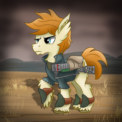 Size: 1000x1000 | Tagged: safe, artist:pizzamovies, imported from derpibooru, oc, oc only, oc:pizzamovies, earth pony, pony, fallout equestria, armor, bag, chest fluff, clothes, ear fluff, laser rifle, male, saddle bag, solo, stallion, unshorn fetlocks, wasteland