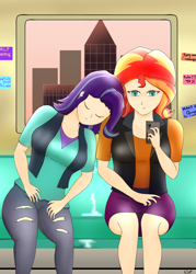 Size: 2368x3300 | Tagged: safe, artist:film77asq, imported from derpibooru, starlight glimmer, sunset shimmer, human, equestria girls, bench, cellphone, city, clothes, duo, female, human coloration, phone, seat, sitting, sleeping, smartphone, text, train