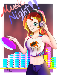 Size: 2506x3278 | Tagged: safe, artist:film77asq, imported from derpibooru, sunset shimmer, human, clothes, female, humanized, midriff, music, shirt, solo