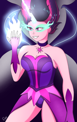 Size: 2500x3958 | Tagged: safe, alternate version, artist:film77asq, imported from derpibooru, sci-twi, twilight sparkle, human, equestria girls, bare shoulders, breasts, clothes, female, glowing hands, grin, magic, midnight sparkle, panties, sleeveless, smiling, solo, strapless, underwear