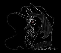 Size: 722x636 | Tagged: safe, artist:luna_mcboss, imported from derpibooru, nightmare moon, alicorn, pony, armor, bust, creepy, creepy smile, drool, drool string, fangs, flowy mane, halloween, helmet, holiday, horn, long eyelashes, long tongue, looking at you, nightmare night, red eyes, salivating, sharp teeth, side view, smiling, snarling, solo, spooky, teeth, tongue out