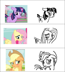 Size: 640x709 | Tagged: safe, artist:herrlupfa, imported from derpibooru, applejack, fluttershy, pinkie pie, twilight sparkle, earth pony, pegasus, unicorn, boast busters, suited for success, the last roundup, blushing, cute, female, floppy ears, mare, pixel art, reddit, screencap reference, shyabetes, trio focus, twiabetes, unicorn twilight