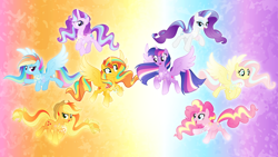 Size: 4000x2250 | Tagged: safe, artist:orin331, imported from derpibooru, applejack, fluttershy, pinkie pie, rainbow dash, rarity, starlight glimmer, sunset shimmer, twilight sparkle, alicorn, earth pony, pegasus, pony, unicorn, alicornified, alternate mane seven, floating, gradient background, looking at each other, looking at someone, looking at you, magic, mane six, race swap, rainbow power, rainbow power-ified, redesign, shimmercorn, twilight sparkle (alicorn)