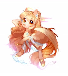 Size: 2373x2663 | Tagged: safe, artist:dreamsugar, imported from derpibooru, oc, oc only, oc:dreamsugar, pegasus, pony, beige coat, blonde mane, blonde tail, chest fluff, colored hooves, colored wings, commission, female, flying, full body, halo, jewelry, looking at you, mare, monocle, open mouth, open smile, pegasus oc, simple background, smiling, smiling at you, solo, spread wings, starry eyes, tail, two toned wings, unshorn fetlocks, white background, wingding eyes, wings, yellow eyes