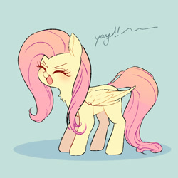 Size: 2000x2000 | Tagged: safe, artist:matcha_neko_413, imported from derpibooru, fluttershy, pegasus, pony, sonic rainboom (episode), blushing, cheering, chest fluff, cute, eyes closed, female, flutteryay, folded wings, full body, mare, open mouth, shyabetes, simple background, solo, standing, teal background, wings, yay