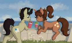 Size: 2828x1701 | Tagged: safe, artist:marsminer, imported from derpibooru, oc, oc only, oc:daisy, oc:keith, pony, unicorn, drink, male, ocean, slushie, stallion, water