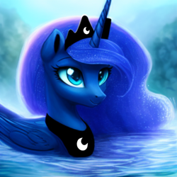 Size: 1024x1024 | Tagged: safe, editor:dovakkins, imported from derpibooru, princess luna, alicorn, pony, ai content, ai generated, behaving like a duck, crown, cute, female, generator:purplesmart.ai, generator:stable diffusion, jewelry, lunabetes, mare, pegaduck, peytral, regalia, smiling, solo, swanluna, swimming