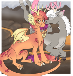 Size: 1913x2000 | Tagged: safe, artist:dozyarts, imported from derpibooru, oc, oc only, oc:babble, oc:wick, draconequus, dragon, offspring, parent:smolder