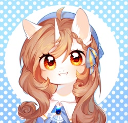 Size: 800x771 | Tagged: safe, artist:dreamsugar, imported from derpibooru, oc, oc only, pony, unicorn, ahoge, brown mane, chest fluff, clothes, ear fluff, eye clipping through hair, female, golden eyes, hair ribbon, happy, horn, looking at you, mare, polka dot background, ribbon, smiling, smiling at you, solo, unicorn oc, white coat