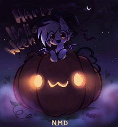 Size: 1487x1600 | Tagged: safe, artist:nevermind studio, imported from derpibooru, oc, oc only, bat, bat pony, candy, clothes, costume, cute, food, halloween, halloween costume, happy, hat, holiday, jack-o-lantern, moon, night, pumpkin, solo, witch hat