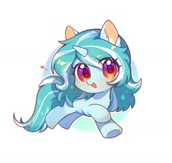 Size: 1303x1233 | Tagged: safe, artist:dreamsugar, imported from derpibooru, oc, oc only, pony, unicorn, blushing, chibi, colored pinnae, commission, ear fluff, eye clipping through hair, female, floating heart, full body, heart, horn, looking at you, mare, open mouth, open smile, running, simple background, smiling, smiling at you, solo, tail, teal coat, two toned mane, two toned tail, unicorn oc, white background