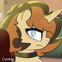 Size: 560x560 | Tagged: safe, artist:llametsul, imported from derpibooru, oc, oc:creme cookie, pony, unicorn, animated, blushing, chair, colored pupils, cute, female, gif, mare, office chair, signature, solo, spinning
