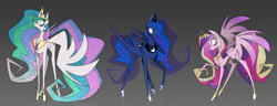 Size: 5200x2000 | Tagged: safe, artist:pointdelta, imported from derpibooru, princess cadance, princess celestia, princess luna, alicorn, pony, concave belly, eyelashes, eyeshadow, female, gradient background, jewelry, long legs, long tail, makeup, mare, regalia, skinny, stylized, tail, tall, thin, thin legs, trio