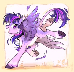 Size: 2270x2223 | Tagged: safe, artist:千雲九枭, imported from derpibooru, twilight sparkle, deer, deer pony, original species, peryton, pony, action pose, alternate design, antlers, cheek fluff, chest fluff, colored ear fluff, colored eyebrows, colored hooves, deer tail, deerified, deerlight sparkle, ear fluff, emanata, feather, female, frame, full body, happy, landing, leonine tail, looking at you, looking back, looking back at you, mare, open mouth, open smile, pale belly, peryton twilight sparkle, slim, smiling, solo, species swap, spread wings, tail, thin, unshorn fetlocks, wings