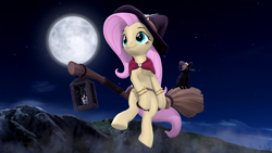 Size: 3840x2160 | Tagged: safe, artist:owlpirate, imported from derpibooru, fluttershy, cat, pegasus, pony, 3d, 4k, black cat, bracelet, broom, clothes, costume, female, flying, flying broomstick, full moon, halloween, halloween costume, hat, high res, jewelry, lantern, mare, moon, riding, smiling, solo, source filmmaker, witch costume, witch hat