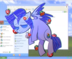 Size: 3000x2466 | Tagged: safe, artist:woollily, imported from derpibooru, oc, oc only, oc:windows xp, alicorn, pony, alicorn oc, blue coat, blue eyes, blue mane, blue tail, bluescreen, colored wings, error, error message, female, firewall, flying, full body, horn, mare, microsoft windows, no pupils, ponified, solo, tail, tired, two toned wings, webcore, windows xp, wings