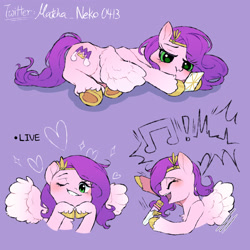 Size: 2000x2000 | Tagged: safe, artist:matcha_neko_413, imported from derpibooru, pipp petals, pegasus, pony, adorapipp, backwards cutie mark, cellphone, colored hooves, colored wings, cute, eye clipping through hair, eyebrows, eyebrows visible through hair, female, full body, g5, gold hooves, grumpy, half body, happy, heart, high res, hoof heart, hooves, lying down, mare, microphone, multeity, on side, phone, purple background, scrunchy face, shadow, signature, simple background, singing, smartphone, solo, spread wings, streaming, violet background, wings