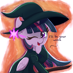 Size: 2048x2048 | Tagged: safe, artist:thebigstuff89, imported from derpibooru, twilight sparkle, alicorn, pony, clothes, costume, cute, female, hat, one eye closed, solo, talking to viewer, twiabetes, twilight sparkle (alicorn), wink, witch, witch hat