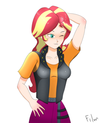 Size: 2845x3507 | Tagged: safe, artist:film77asq, imported from derpibooru, sunset shimmer, human, equestria girls, arm behind head, female, human coloration, simple background, solo, white background