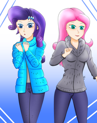 Size: 2000x2531 | Tagged: safe, artist:film77asq, imported from derpibooru, fluttershy, rarity, human, clothes, duo, female, humanized, jacket