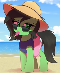 Size: 1200x1440 | Tagged: safe, artist:thebatfang, imported from derpibooru, oc, oc only, oc:filly anon, earth pony, pony, beach, beach hat, clothes, earth pony oc, female, filly, foal, food, frown, hat, inner tube, looking at you, popsicle, solo, sun hat, sunglasses, swimsuit, water