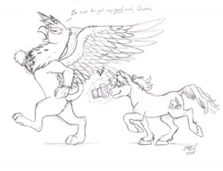 Size: 1280x979 | Tagged: safe, artist:birdoffnorth, imported from derpibooru, part of a set, gilda, oc, griffon, pony, unicorn, bipedal, butt, camera, eyes on the prize, gildonk, horn, looking at butt, plot, simple background, sketch, unicorn oc, unshorn fetlocks, walking, white background