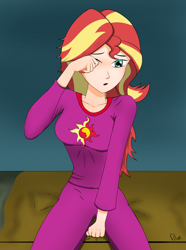 Size: 2200x2955 | Tagged: safe, artist:film77asq, imported from derpibooru, sunset shimmer, human, equestria girls, clothes, female, human coloration, pajamas, solo