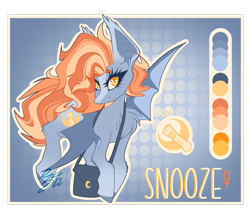 Size: 1537x1305 | Tagged: safe, artist:ezzerie, imported from derpibooru, oc, oc:snooze, bat pony, bag, fluffy, newspaper girl, redesign, reference sheet, solo