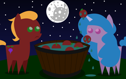 Size: 2064x1290 | Tagged: safe, artist:pwnypony db, imported from derpibooru, izzy moonbow, sprout cloverleaf, earth pony, pony, unicorn, apple, apple bobbing, barrel, bucket, food, frown, g5, gradient background, green eyes, horn, leaf, mare in the moon, mlp fim's twelfth anniversary, moon, night, nightmare night, pointy ponies, puddle, purple eyes, red body, stars, turnip, water, water droplet