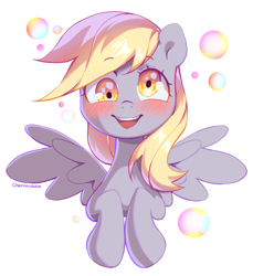 Size: 1501x1636 | Tagged: safe, artist:cherrnichka, imported from derpibooru, derpy hooves, pegasus, blushing, bubble, cute, derpabetes, looking at you, simple background, smiling, solo, white background