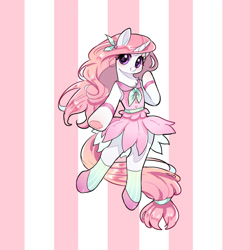 Size: 2000x2000 | Tagged: safe, artist:matcha_neko_413, imported from derpibooru, oc, oc only, pony, unicorn, bracelet, clothes, colored underhoof, dress, female, floating, full body, hair accessory, horn, jewelry, looking at you, mare, pink dress, pink mane, pink tail, shoes, smiling, smiling at you, socks, solo, striped background, tail, tail wrap, unicorn oc, white coat