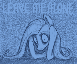 Size: 5400x4461 | Tagged: safe, artist:docwario, imported from derpibooru, fluttershy, pegasus, pony, anxiety, bags under eyes, bluescale, creepy, female, fluttober, holding head, mare, monochrome, solo, text