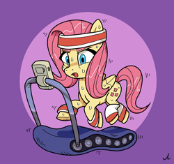 Size: 5667x5317 | Tagged: safe, artist:docwario, imported from derpibooru, fluttershy, pegasus, pony, female, fluttober, mare, open mouth, purple background, running, signature, simple background, solo, sweat, sweatband, treadmill