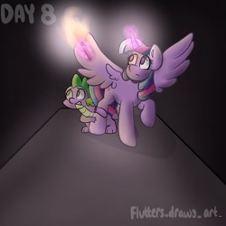 Size: 1080x1080 | Tagged: safe, artist:flutterpawss, imported from derpibooru, spike, twilight sparkle, alicorn, dragon, pony, duo, female, glowing, glowing horn, horn, inktober 2022, looking at something, magic, mare, raised hoof, scared, telekinesis, torch, twilight sparkle (alicorn)