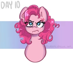 Size: 1080x1080 | Tagged: safe, artist:flutterpawss, imported from derpibooru, pinkie pie, earth pony, pony, abstract background, bust, cross-popping veins, emanata, female, grumpy, inktober 2022, mare, solo