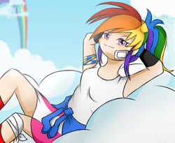 Size: 1210x991 | Tagged: safe, artist:milkshakecatowo789, imported from derpibooru, rainbow dash, human, clothes, cloud, female, humanized, rainbow waterfall, solo