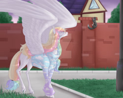 Size: 1280x1024 | Tagged: safe, artist:clouris, imported from derpibooru, oc, oc only, pegasus, pony, building, clothes, deviantart watermark, obtrusive watermark, outdoors, pegasus oc, solo, watermark, wings